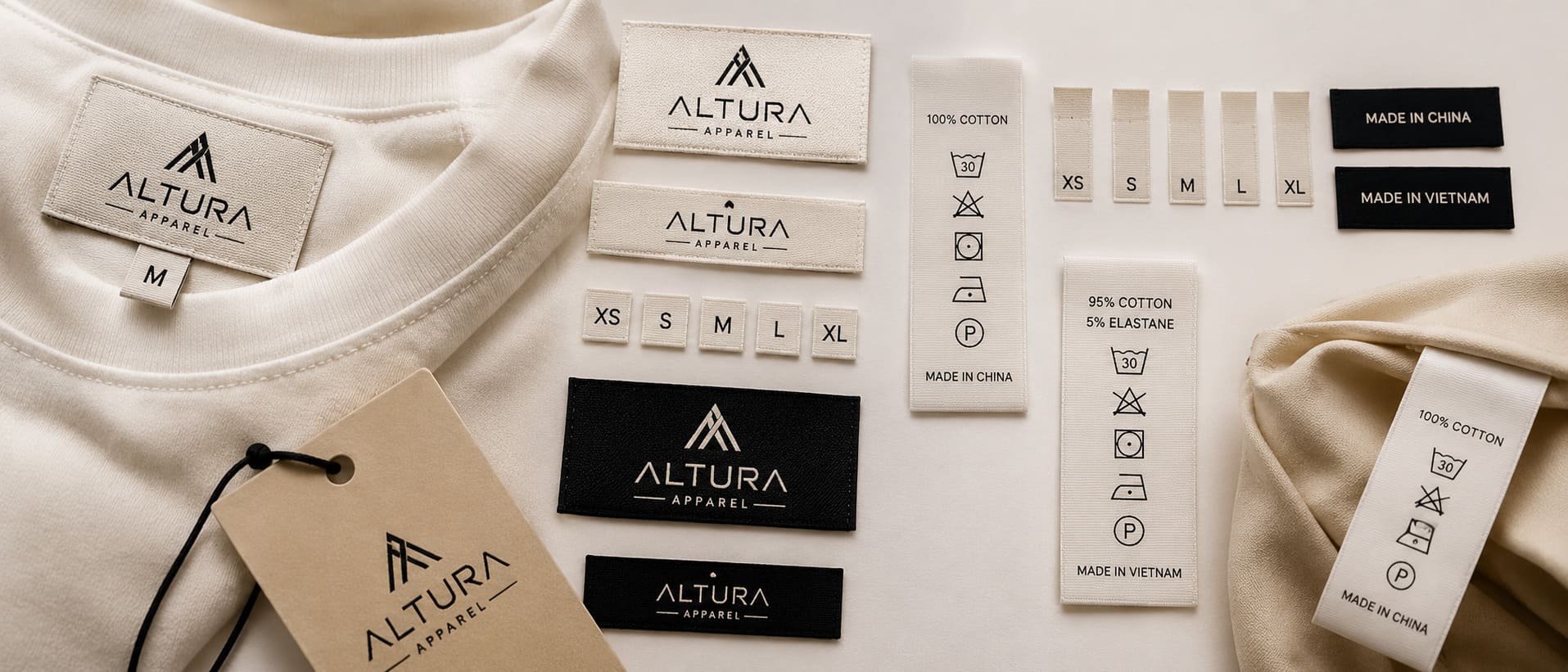 Woven garment label with fabric content and care instructions