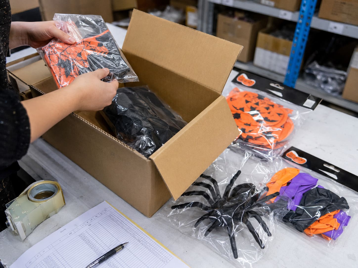 Warehouse packing control scene with open cartons, packing materials, printed order checklists, and workers verifying product quantities