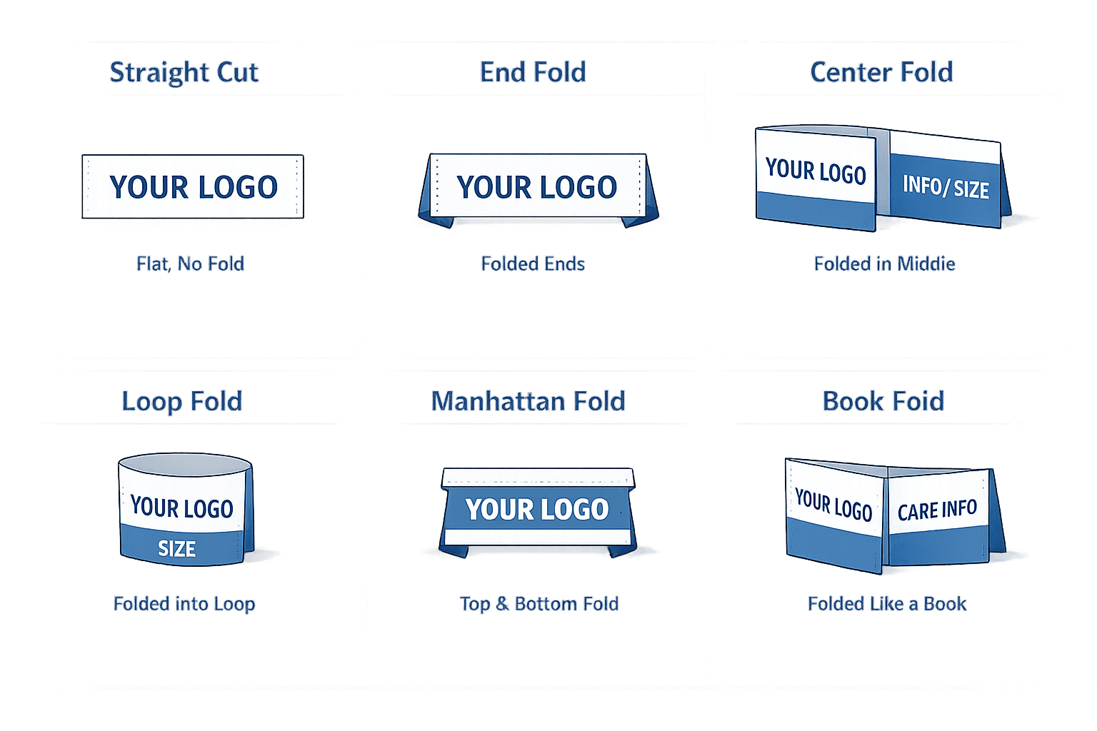Woven label folding styles -- end fold, center fold, and manhattan fold